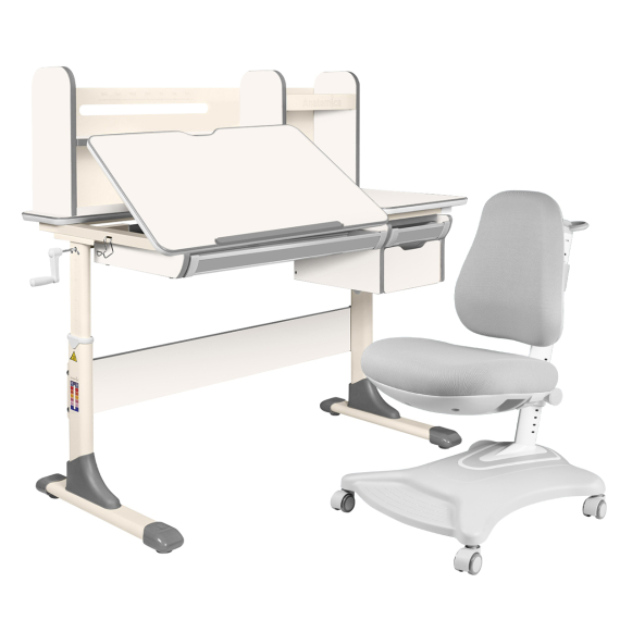 Комплект Anatomica Genius парта + кресло + надстройка + выдвижной ящик + подставка для книг белый/серый с серым креслом Robin